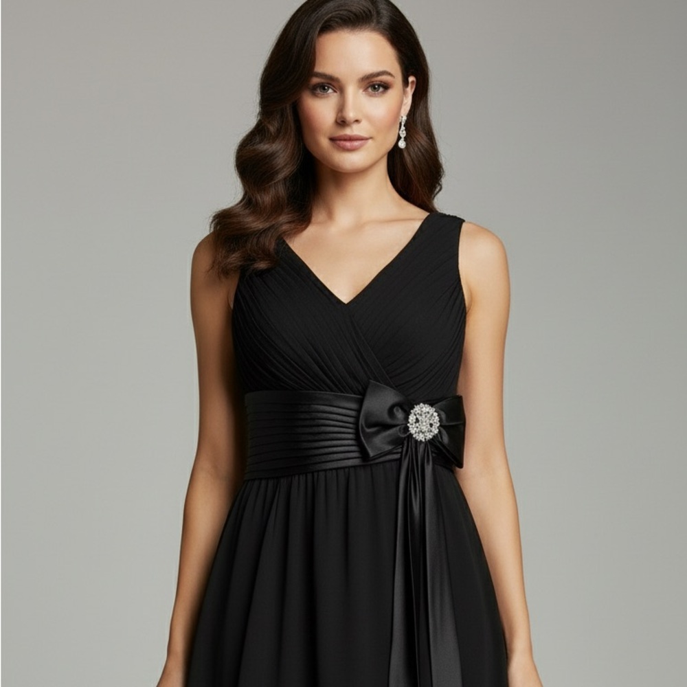Tadashi Collection Elegant Black Evening silk Dress, Satin Bow and broach Sz 16